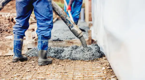 Pracownicy wylewają beton na zbrojenie. Wiedząc, ile waży kubik betonu, można oszacować ciężar tej budowy.