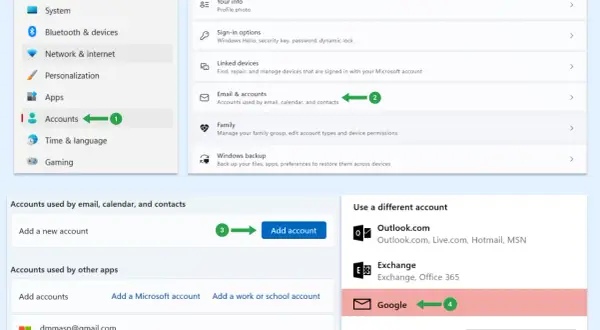 Ustawienia konta Windows, gdzie można dodać nowe konto poczty, kalendarza i kontaktów, aby umożliwić synchronizację kontaktów.