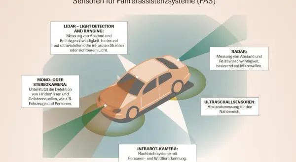 Grafik zeigt Sensoren (Lidar, Radar, Kameras, Ultraschall) an einem Auto, die für automatisiertes Fahren wichtig sind.