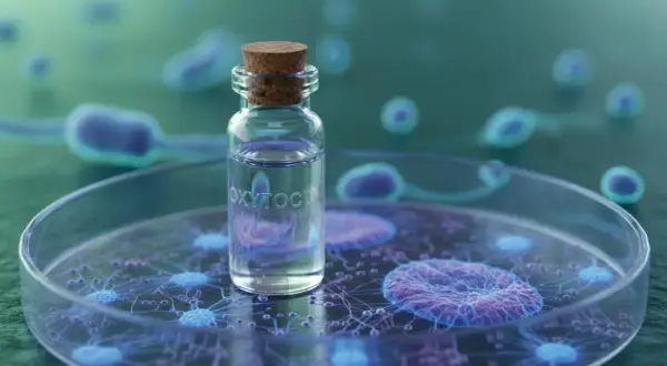 Mała fiolka z napisem "OXYTOCIN" na tle komórek. Co to oksytocyna? Hormon miłości i więzi.