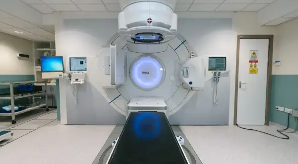 Nowoczesny akcelerator liniowy do radioterapii. Pacjent leży na stole, a maszyna precyzyjnie naprowadza wiązkę. Co gorsze chemioterapia czy radioterapia?