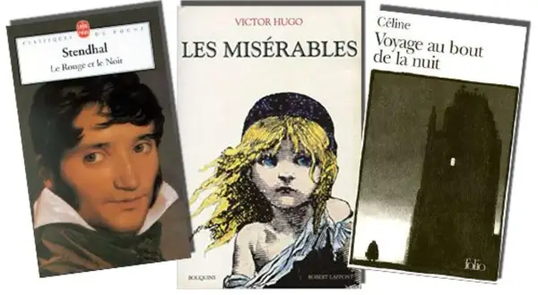 Trois couvertures de livres : "Le Rouge et le Noir" de Stendhal, "Les Misérables" de Victor Hugo, et "Voyage au bout de la nuit" de Céline. Ces œuvres font partie des plus beaux livres d'amour.