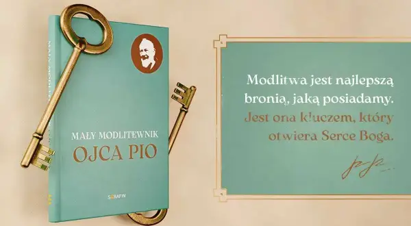 Książka "Mały modlitewnik Ojca Pio" z kluczami symbolizującymi modlitwę o pokój, która otwiera Serce Boga.