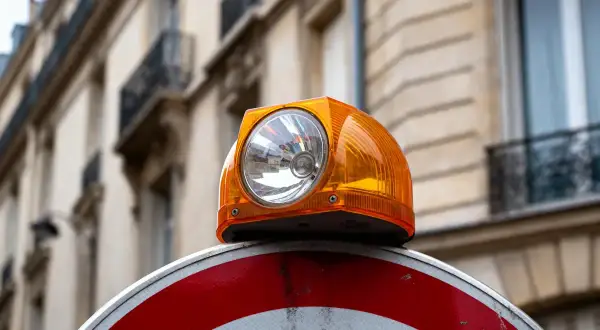 Orange balise lumineuse sur un panneau de signalisation, un des dispositifs réfléchissants pour la sécurité routière des voitures.