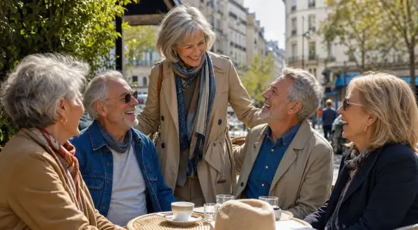 Des seniors rient et discutent à une terrasse, un exemple de comment se faire des nouveaux amis en profitant de la vie.