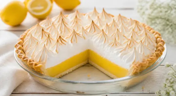 Une tarte au citron meringuée, prête à être dégustée. Sa crème jaune vif et sa meringue dorée invitent à suivre la recette.