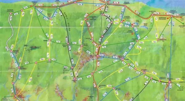 Mapa szlaków turystycznych w czeskie Karkonosze, z zaznaczonymi trasami i punktami.