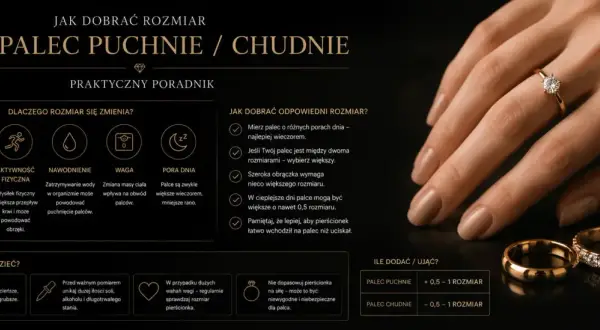Złoty pierścionek z brylantami, rozmiar 16, na dłoni. Obok leży gładka obrączka. Poradnik o doborze rozmiaru pierścionka.