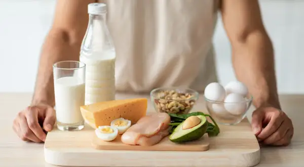 Alimenti ricchi di proteine per i muscoli: pollo, uova, formaggio, latte, frutta secca e avocado.