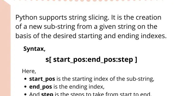 Python permet le découpage de chaînes (string slicing) pour créer des sous-chaînes avec des indices de début et de fin.