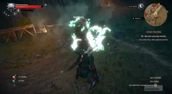 Geralt walczy z potężnym poroniecem w Wiedźmin 3. Baron próbuje go uspokoić.