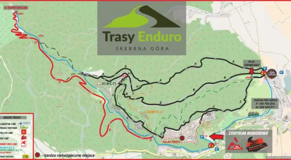 Mapa tras Enduro w Srebrnej Górze. Widać tu ścieżki rowerowe, punkty dostępu i oznaczenia tras, w tym "D-ROMET RED LINE".