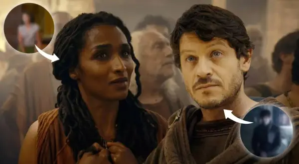 Die Besetzung von "Those About to Die" mit prominenten Gesichtern, die durch Pfeile hervorgehoben werden.