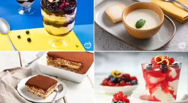 Varietà di dolci al cucchiaio: tiramisù, crema con frutti di bosco e dessert stratificati con mirtilli.