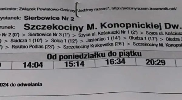 Fragment rozkładu jazdy PKS z godzinami odjazdów: 14:04, 15:14, 16:34, 20:29.