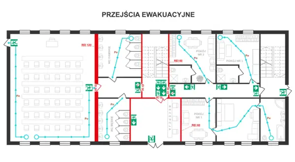 Plan ewakuacji z zaznaczonymi drogami pożarowymi i przejściami. Określono warunki techniczne, np. REI 60.