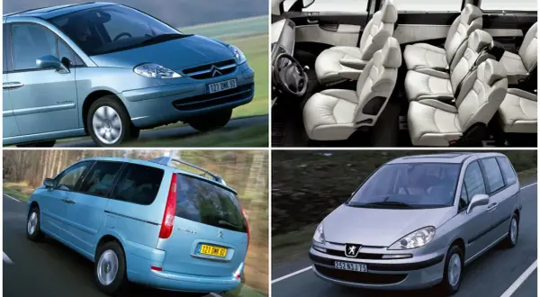 Citroën C8 w kolorze błękitnym i srebrnym, z widokiem na wnętrze z jasnymi skórzanymi fotelami.
