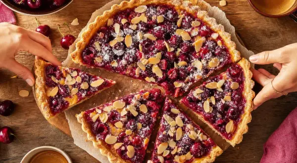 Une délicieuse tarte cerise amande, saupoudrée de sucre glace et d'amandes effilées, est coupée en parts. Des mains tendent pour en prendre une.