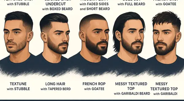 Cinq hommes présentent différentes coupes de cheveux et barbes. La **cheveux texture** varie de courte et texturée à longue et lisse.