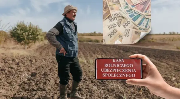 Rolnik na polu, smartfon z napisem "KASA ROLNICZEGO UBEZPIECZENIA SPOŁECZNEGO" i stos banknotów. Emerytura z KRUS.