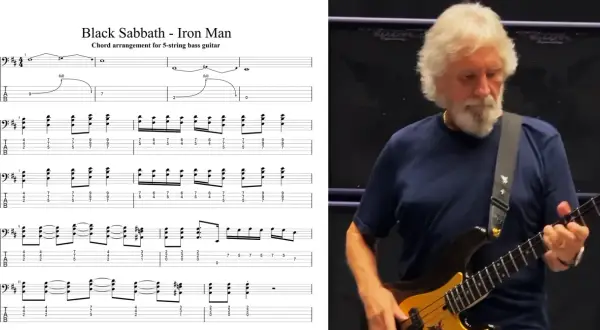 Nuty i tabulatura do "Iron Man" Black Sabbath z basistą grającym na gitarze basowej.