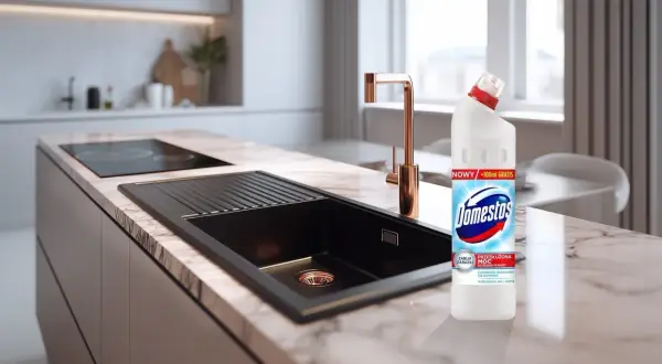 Nowy Domestos na zatkany zlew. Skutecznie usuwa zanieczyszczenia i zabija zarazki, przywracając blask Twojej kuchni.