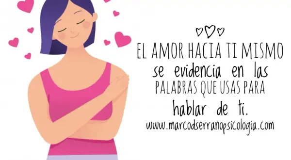Mujer abrazándose, rodeada de corazones. "El amor hacia ti mismo se evidencia en las palabras que usas para hablar de ti." Frases de amor propio.