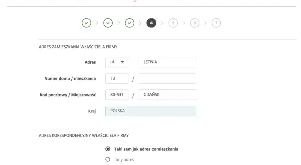 Formularz otwierania Santander konto firmowe. Wpisujesz adres zamieszkania właściciela firmy: ul. Letnia 13, 80-531 Gdańsk, Polska.