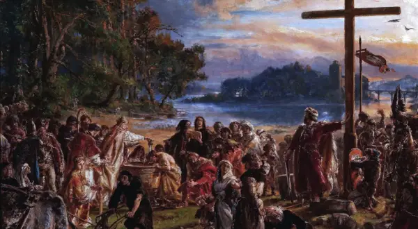 Scena chrztu Polski nad rzeką, z ludem i duchownymi przy krzyżu. W tle widać zamek i most.