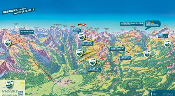 Die Kleinwalsertal Karte zeigt Wanderrouten, Berggipfel und Seilbahnen. Adler 7-Symbole markieren besondere Aussichtspunkte.
