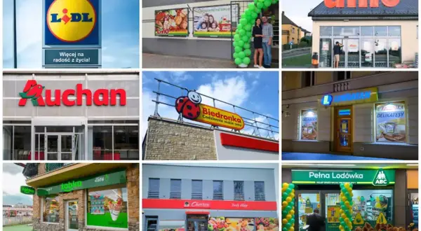 Sześć zdjęć różnych sklepów spożywczych: Lidl, Livio, Dino, Auchan, Biedronka, Żabka, Chorten, Lewiatan, ABC.