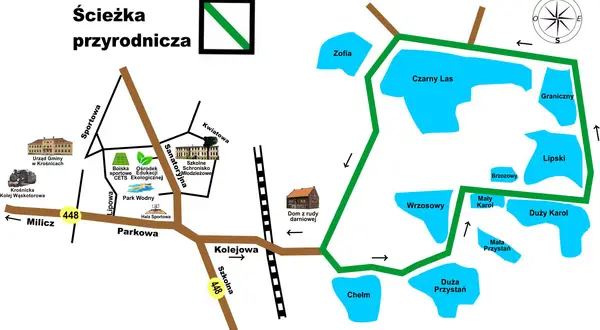 Mapa ścieżki przyrodniczej w Krośnicach. Widoczne stawy krośnickie: Czarny Las, Lipski, Duży Karol, Mały Karol, Wrzosowy, Zofia, Brzozowy, Graniczny, Mała Przystań, Duża Przystań.