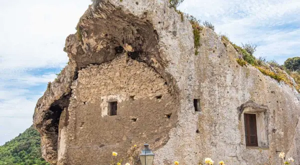 Antiche domus de janas scavate nella roccia, con finestre e mura in pietra, circondate da vegetazione e fiori gialli.