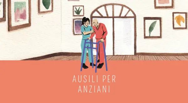 Assistente aiuta anziano con deambulatore. La domotica per anziani migliora la loro autonomia e sicurezza.