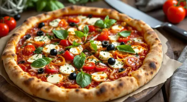 Pizza gourmande aux tomates cerises, mozzarella, olives noires et basilic frais.