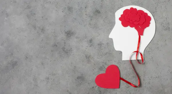 Czerwone serce połączone wstążką z mózgiem w profilu głowy. Symbolizuje to emocjonalne reakcje neurotyka.