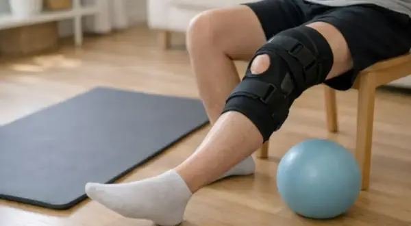 Osoba w ortezie kolana wykonuje ćwiczenia rehabilitacyjne po zwichnięciu rzepki. Obok leży mata i piłka.
