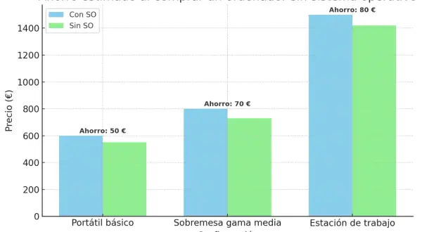 Gráfico de barras muestra el ahorro al comprar ordenadores sin sistema operativo online. Las barras azules indican "Con SO" y las verdes "Sin SO".