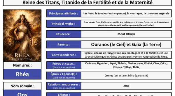 Rhéa, reine des Titans, déesse de la fertilité, est représentée avec des lions et un tambourin. Elle est la mère de Zeus.