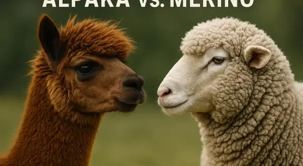 Brązowa alpaka i biała owca merino, obie z gęstą wełną, patrzą na siebie.