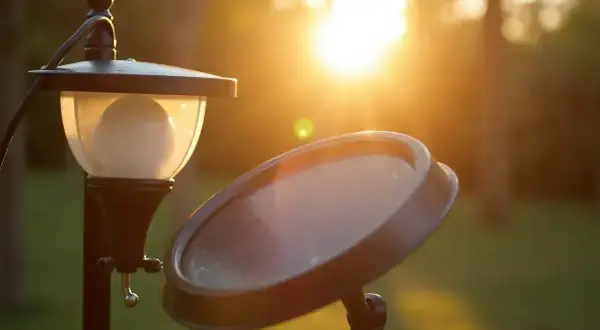 Montaż lampy solarnej w ogrodzie. Słońce zachodzi, oświetlając panel i klosz lampy.
