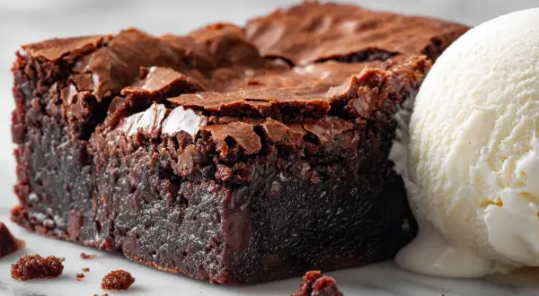 Un brownie au chocolat, parfait pour une recette de brownies moelleux, servi avec une boule de glace à la vanille fondante.
