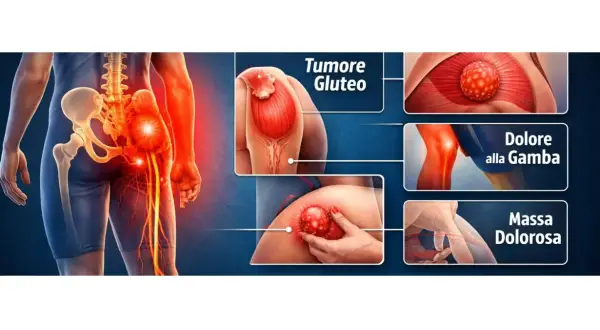 Illustrazione anatomica che mostra il dolore gluteo sinistro, con un tumore gluteo, dolore alla gamba e una massa dolorosa.