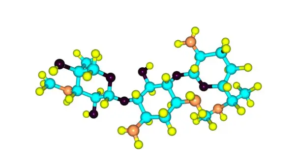 Model cząsteczki gentamycyny, antybiotyku aminoglikozydowego, z atomami w różnych kolorach.