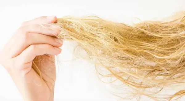 Dłoń trzyma pasmo blond włosów, które wyglądają na zniszczone i suche.