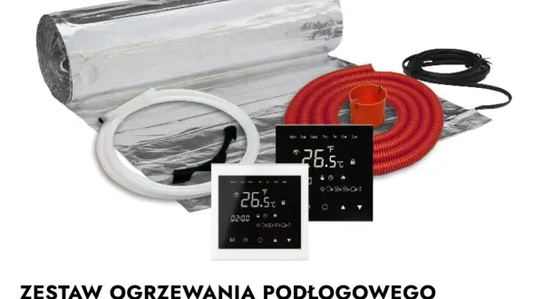 Zestaw ogrzewania podłogowego z matą grzewczą Thermoval, termostatem i akcesoriami.