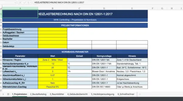 Tabellenausschnitt zur Heizlastberechnung nach DIN EN 12831-1:2017 mit Parametern wie Klimazone, Normaußentemperatur und Luftwechsel.