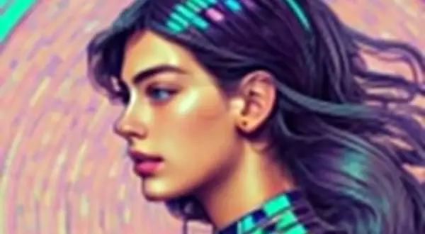 Portret kobiety z niebieskimi oczami i ciemnymi włosami, ozdobionymi neonowymi pasemkami. Jej szyję otacza futurystyczny kołnierz. Obraz przypomina stylizowaną **lensa**.
