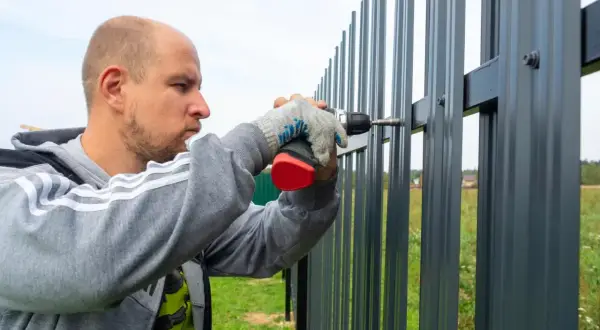 Mężczyzna w rękawiczkach przykręca wkrętarką element do nowego, szarego płotu.