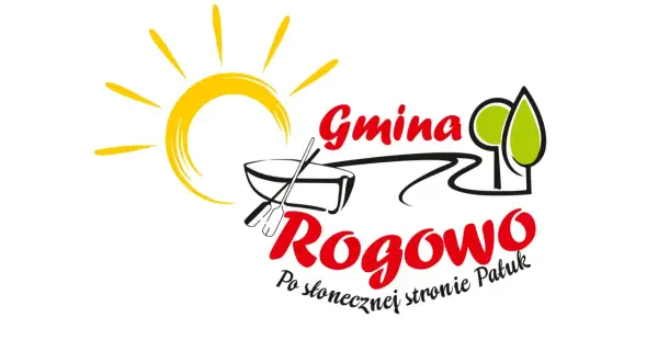 Logo Gminy Rogowo z hasłem "Po słonecznej stronie Patuk". Słońce, łódź z wiosłami i drzewa symbolizują radość i naturę.